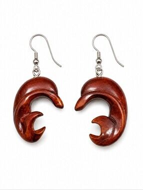 VTG Funky Wood Dolphin Beach Fisherman Dangle Earrings